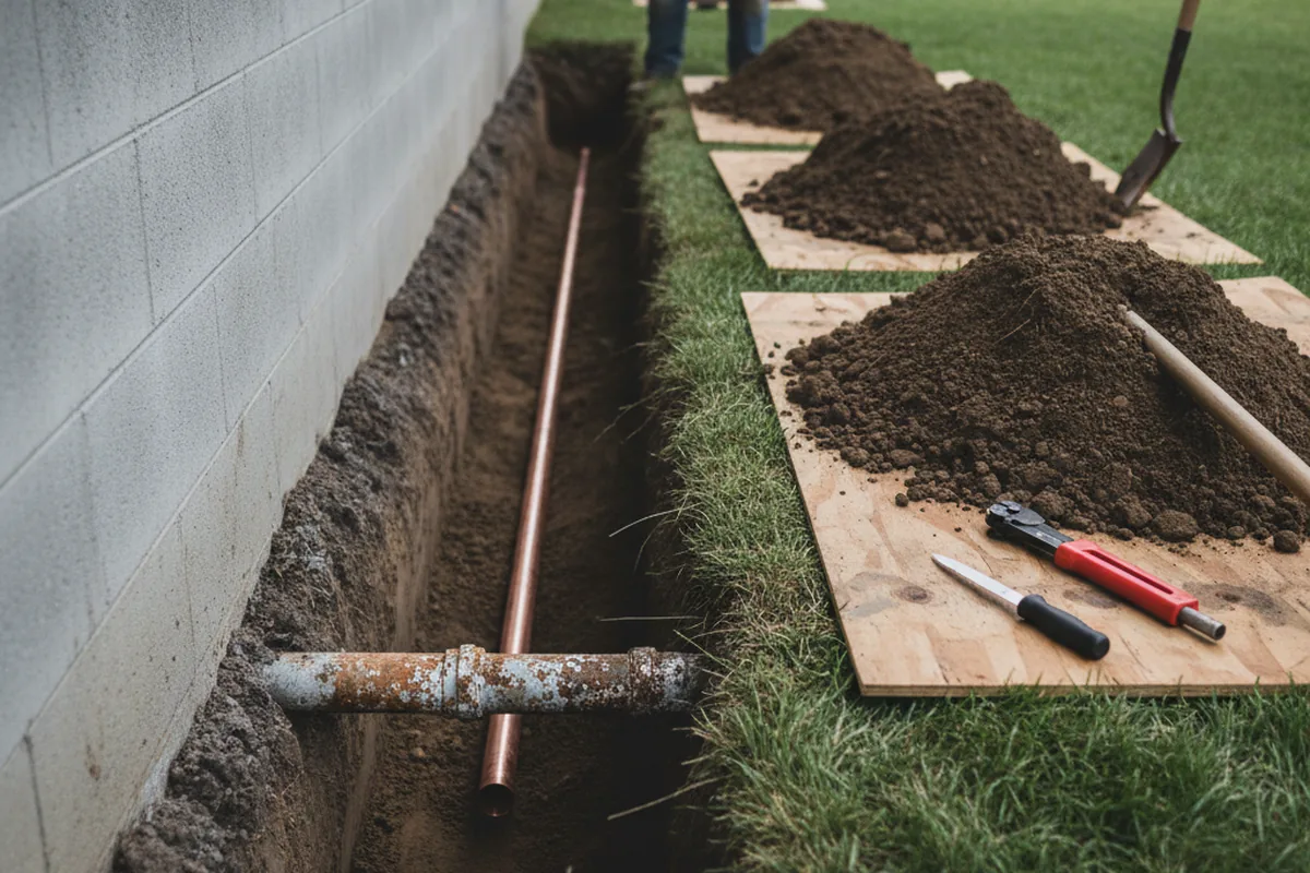 Excavated water line trench during Sewer Line Repair in Johnsonville